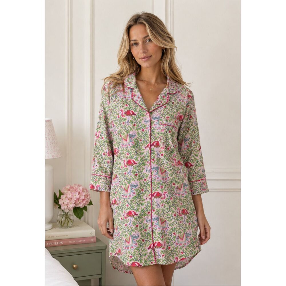 Printfresh Pink Flamingo & Elephant Cotton Nightshirt Pajama Dress Med C22 $128